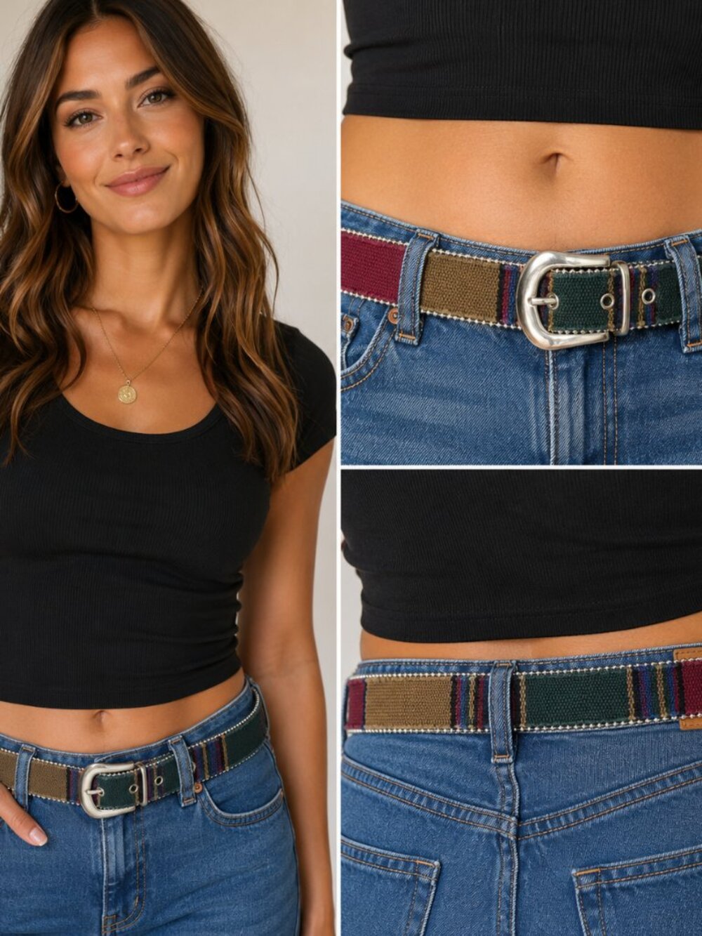 Vintage Elite Fresno CA Woven Canvas Belt Medium Silver Buckle Beaded Trim 32"
